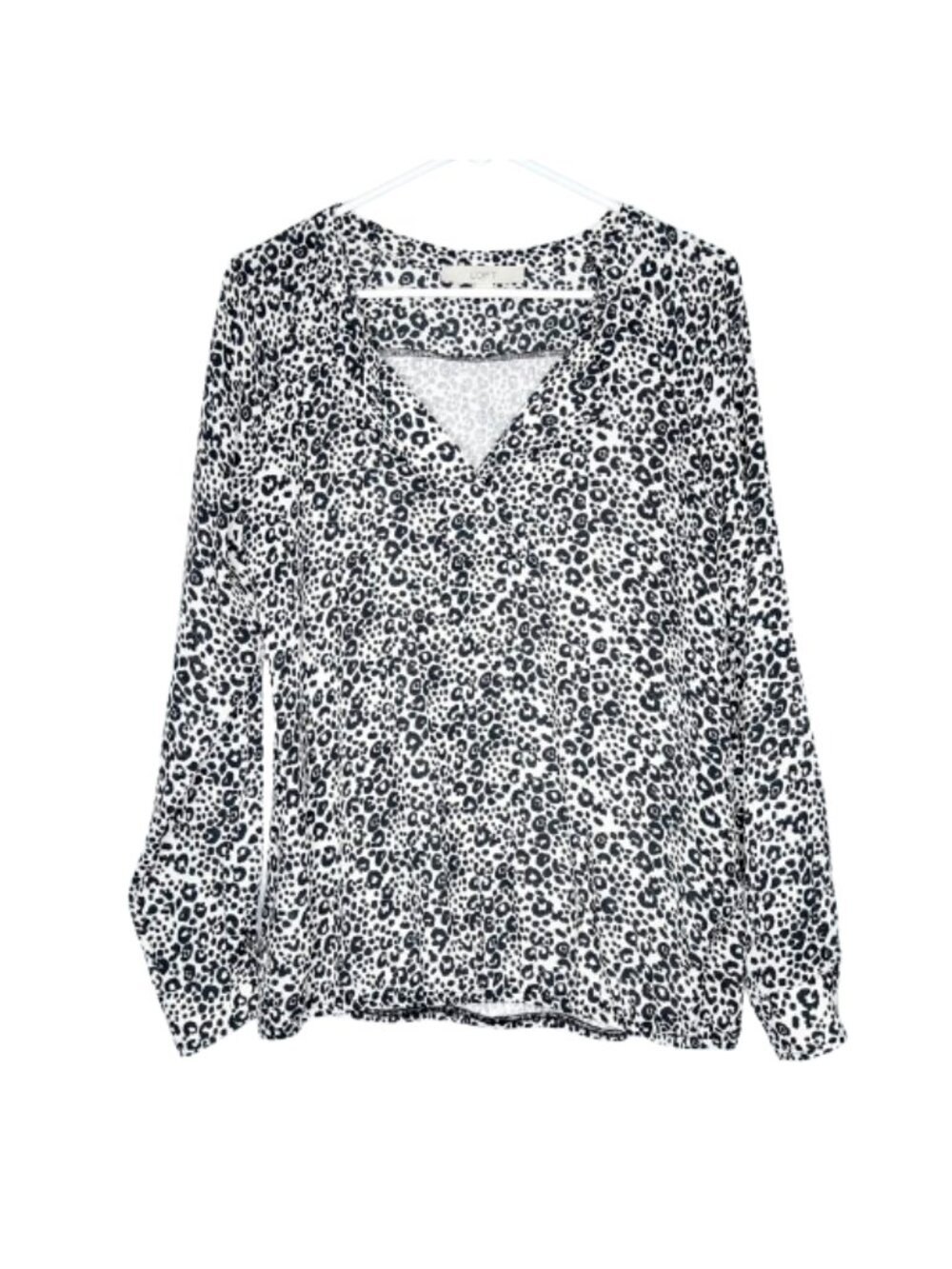 LOFT Black & White Animal Print Long Sleeve Split Neck Blouse - S